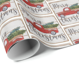 Christmas Retro Vintage Red Truck Trees Wrapping Paper