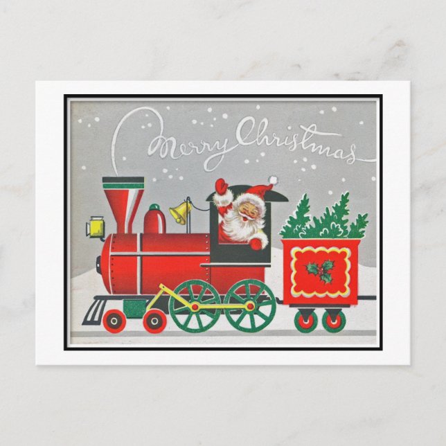 Christmas Retro Vintage Santa Red Train Holiday Postcard (Front)