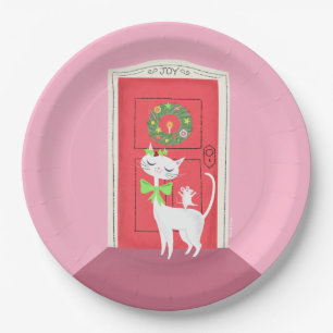 Christmas Retro White Cat and Mouse Paper Plate