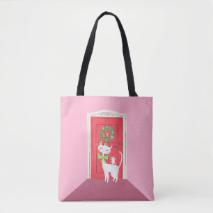 Christmas Retro White Cat and Mouse Pink Tote Bag