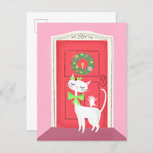 Christmas Retro White Cat and Mouse Postcard