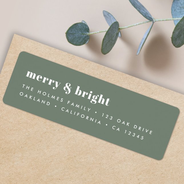 Christmas Return Address Labels | Merry & Bright (Personalize your envelopes with this bold sage green Christmas label)