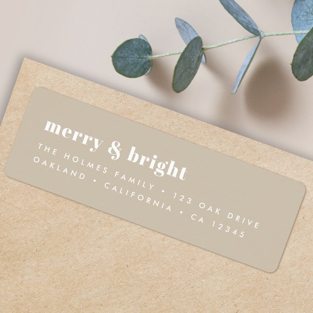 Christmas Return Address Labels | Merry & Bright (Personalize your envelopes with this neutral beige Christmas label)