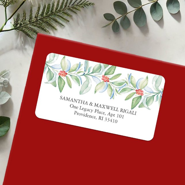Christmas Return Address Labels Template (Christmas return address label red & green botanical berries watercolor art by Victoria Grigaliunas)