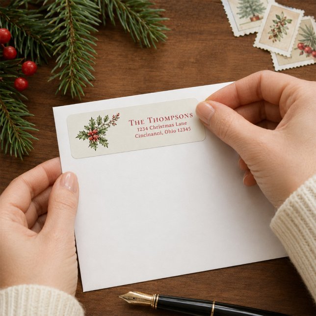 Christmas Return Address Red and Green Foliage Label (Elegant red and green foliage return address labels for festive Christmas mail.)