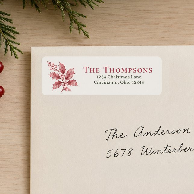 Christmas Return Address Red Greenery Label (Festive return address labels featuring red holly berries and seasonal Christmas greenery.)