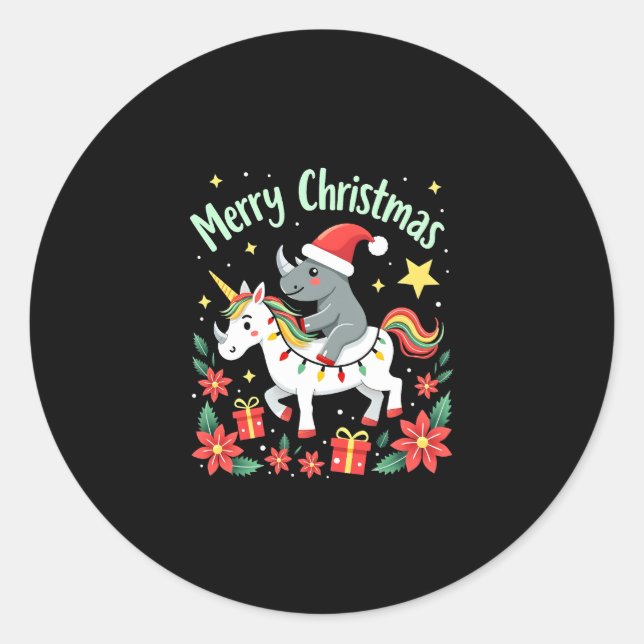 Christmas Rhino Merry Christmas Unicorn Rhino T-Sh Classic Round Sticker (Front)
