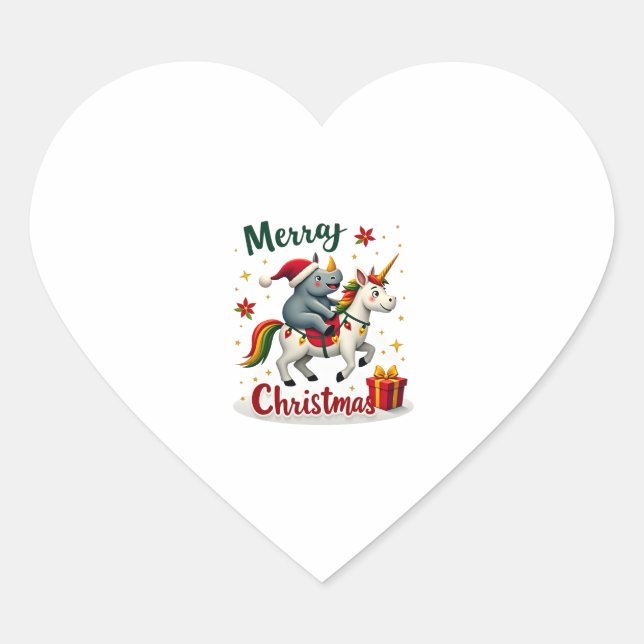 Christmas Rhino Merry Christmas Unicorn Rhino T-Sh Heart Sticker (Front)