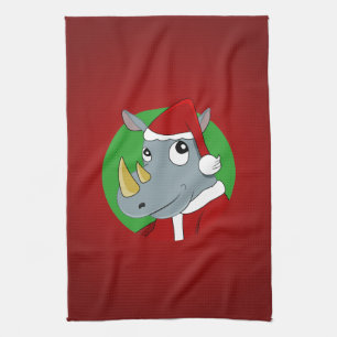 Christmas rhinoceros cartoon tea towel