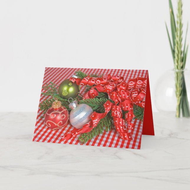 Christmas ribbon and ornaments holiday card (Front)