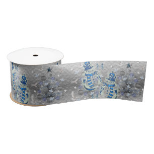 Christmas Ribbon, Merry Blue Silver Snowman Satin Ribbon