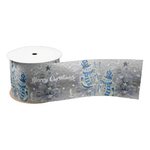 Christmas Ribbon, Merry Blue Silver Snowman Satin  Ribbon