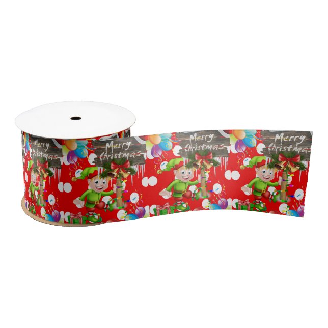 Christmas Ribbon, Merry Christmas Elf Satin Ribbon (Spool)