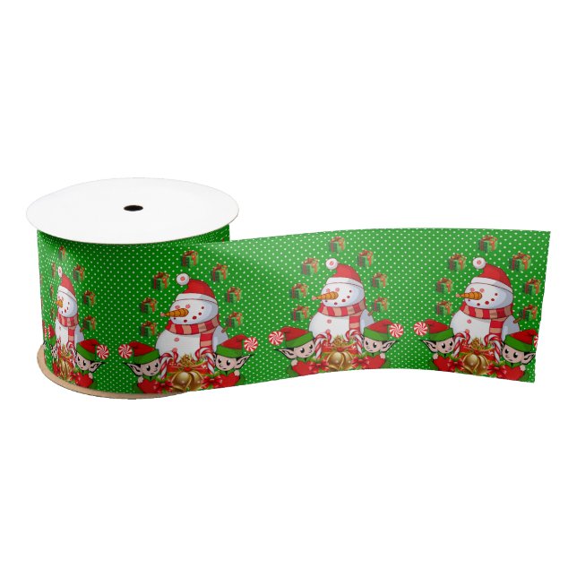 Christmas Ribbon, Merry Christmas Snowman Elf Satin Ribbon (Spool)