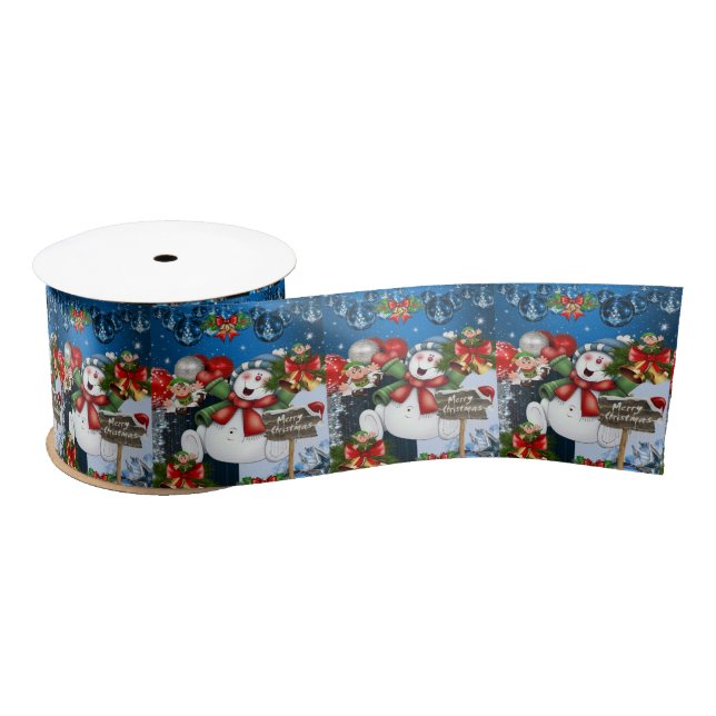 Christmas Ribbon, Merry Christmas Snowman Satin Ribbon (Spool)
