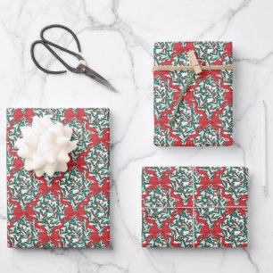 Christmas Ribbons and Berries in White Wrapping Paper Sheet