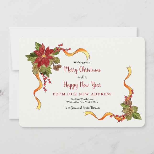 Christmas Ribbons New Address Holiday Card (Front)