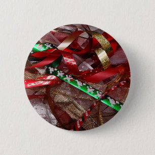 Christmas Ribbons Red Green and Gold Holiday 6 Cm Round Badge