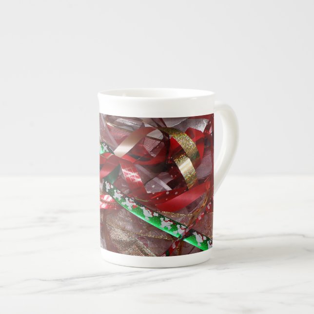 Christmas Ribbons Red Green and Gold Holiday Bone China Mug (Front Right)