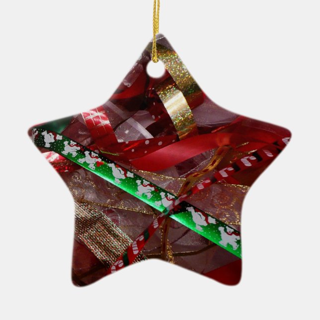 Christmas Ribbons Red Green and Gold Holiday Ceramic Ornament (Front)
