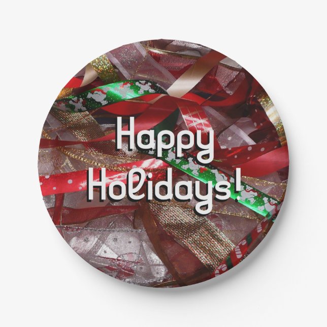 Christmas Ribbons Red Green and Gold Holiday Paper Plate (Front)
