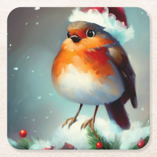 Christmas Robin 1 Square Paper Coaster