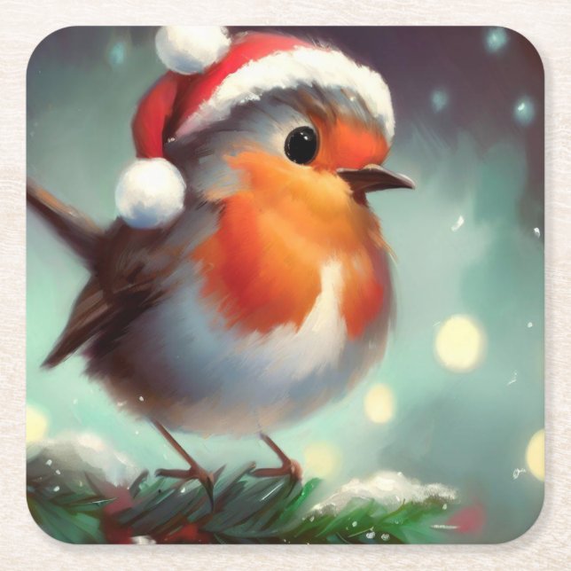 Christmas Robin 2 Square Paper Coaster (Front)