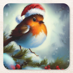 Christmas Robin 3 Square Paper Coaster
