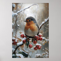 Christmas Robin Print, Vintage Winter Bird Art