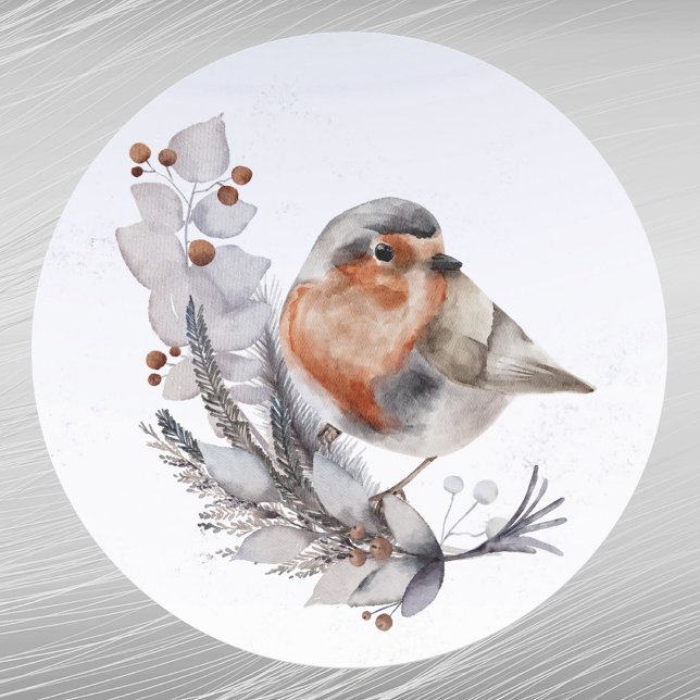 Christmas Robin Redbreast Floral Watercolor Classic Round Sticker (Creator Uploaded)