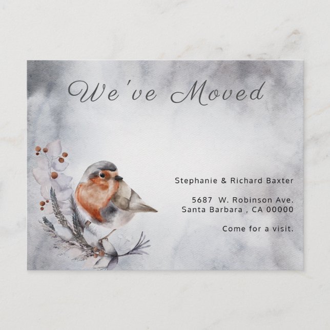 Christmas Robin We've Moved Grey New Home Moving Announcement Postcard (Front)
