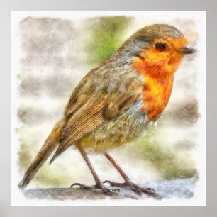 Christmas Robin Winter Watercolor Poster