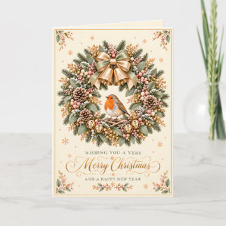 Christmas Robin Wreath Pink Gold Jingle Bells Holiday Card