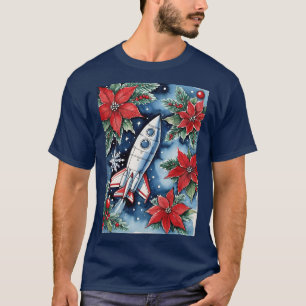 Christmas Rocket Launch With Poinsettias At Night T-Shirt