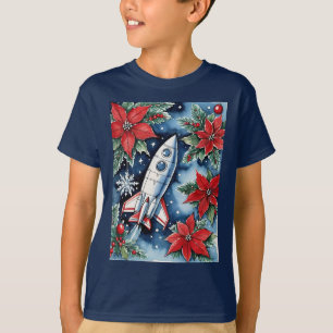 Christmas Rocket Launch With Poinsettias At Night T-Shirt