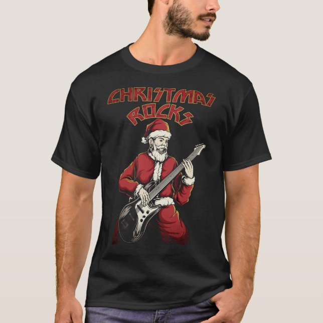 Christmas Rocks Santa With Guitar T-Shirt (Front)