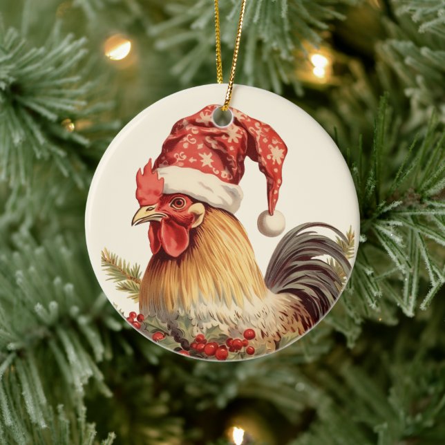 Christmas rooster add text watercolor Ceramic Ornament (Tree)