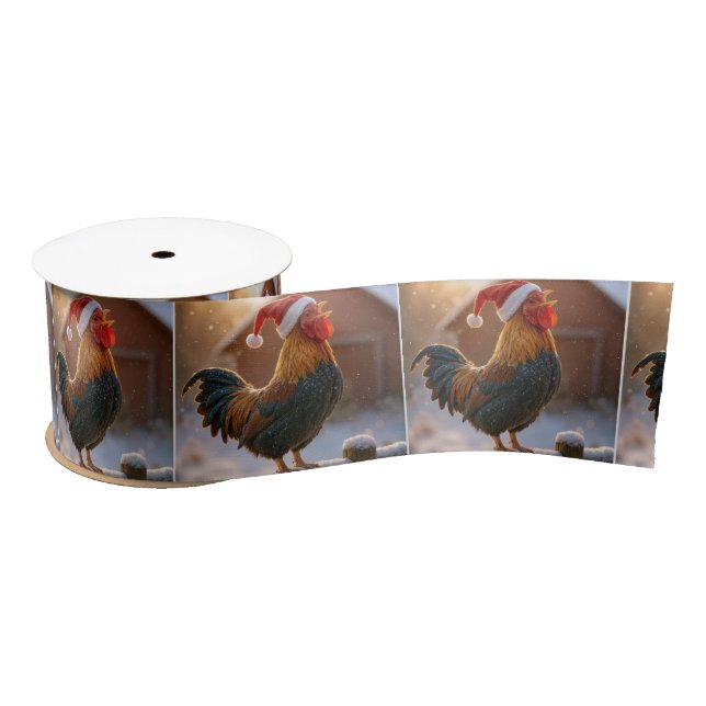 Christmas Rooster Crowing On a Snowy Fence Satin Ribbon (Spool)