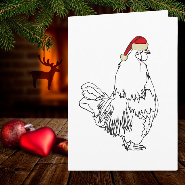 Christmas Rooster Drawing Funny Santa Cockerel Art Card (Christmas rooster wearing a Santa hat simple chicken drawing holiday greetings card)