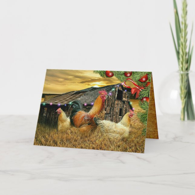 Christmas Rooster Hen Barn Coop Farm Card (Front)