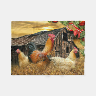 Christmas Rooster Hen Barn Coop Farm Fleece Blanket