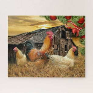 Christmas Rooster Hen Barn Coop Farm Jigsaw Puzzle