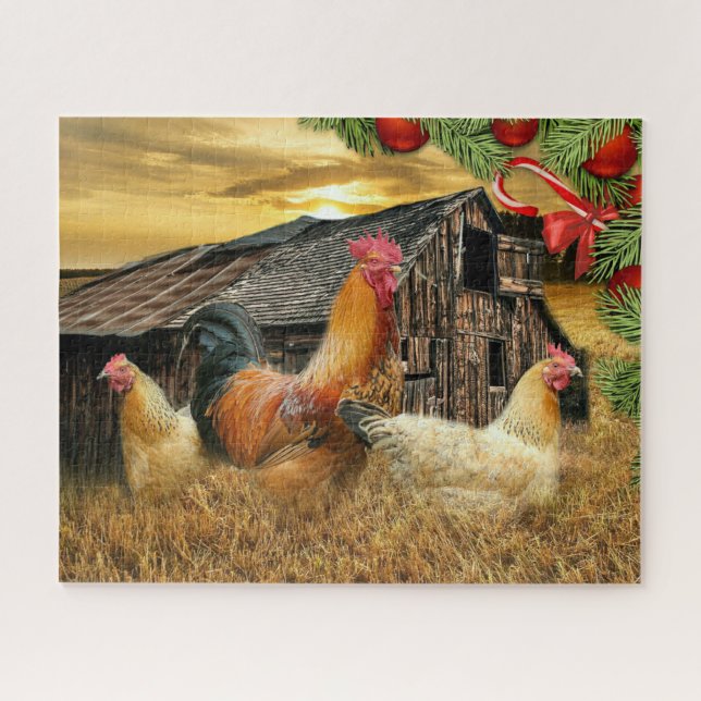 Christmas Rooster Hen Barn Coop Farm Jigsaw Puzzle (Horizontal)