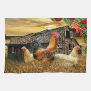 Christmas Rooster Hen Barn Coop Farm Tea Towel