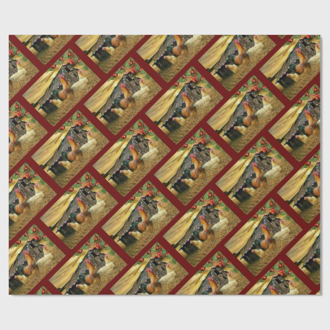 Christmas Rooster Hen Barn Coop Farm Wrapping Paper (Flat)