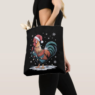 Christmas Rooster Santa Hat Chicken Lights Farm Tote Bag