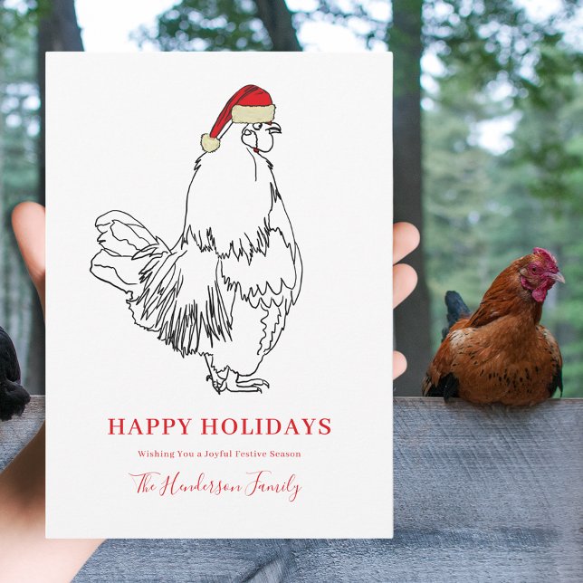 Christmas Rooster Simple Drawing Holiday Card (Christmas rooster wearing Santa hat simple farm chicken line art drawing custom happy holidays card)