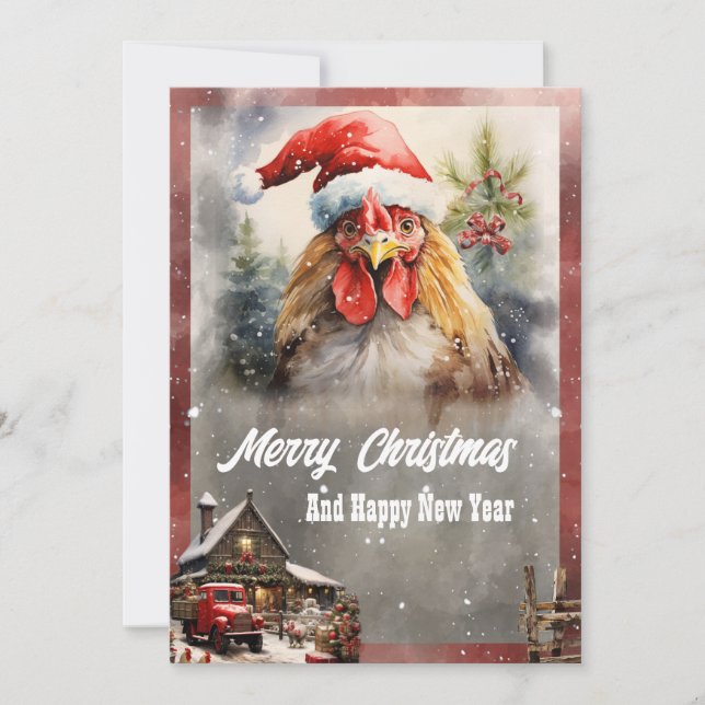 Christmas Rooster Watercolor Holiday Card (Front)