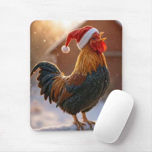Christmas Rooster Wearing a Santa Hat Mouse Pad (With Mouse)