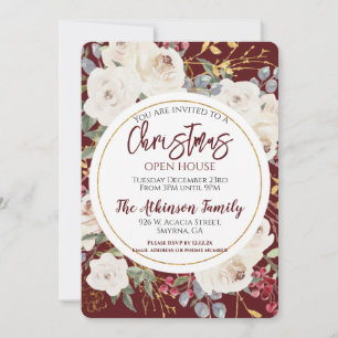Christmas Rose Floral Burgundy Open House Party Invitation